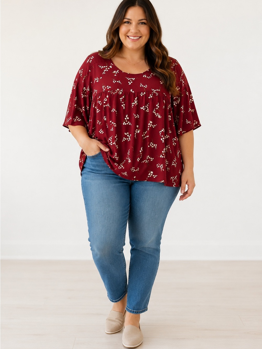 LOFT Burgundy Floral Scoop Neck Short Sleeve Top